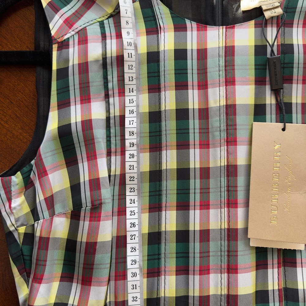 Burberry Sleeveless Pleat Detail Check "Georgette" Dress in Pine Green.